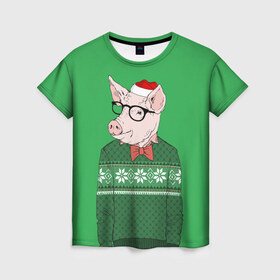 Женская футболка 3D с принтом New Year Hipster Pig в Новосибирске, 100% полиэфир ( синтетическое хлопкоподобное полотно) | прямой крой, круглый вырез горловины, длина до линии бедер | 2019 | merry christmas | new year | год свиньи | зима | новый год | поросенок | праздник | рождество | свинка | свинья