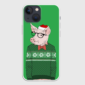 Чехол для iPhone 13 mini с принтом New Year Hipster Pig в Новосибирске,  |  | Тематика изображения на принте: 2019 | merry christmas | new year | год свиньи | зима | новый год | поросенок | праздник | рождество | свинка | свинья