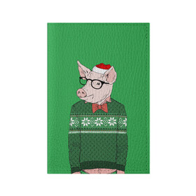 Обложка для паспорта матовая кожа с принтом New Year Hipster Pig в Новосибирске, натуральная матовая кожа | размер 19,3 х 13,7 см; прозрачные пластиковые крепления | 2019 | merry christmas | new year | год свиньи | зима | новый год | поросенок | праздник | рождество | свинка | свинья
