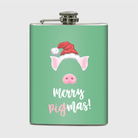 Фляга с принтом Merry Pigmas в Новосибирске, металлический корпус | емкость 0,22 л, размер 125 х 94 мм. Виниловая наклейка запечатывается полностью | Тематика изображения на принте: 2019 | merry christmas | new year | год свиньи | зима | новый год | поросенок | праздник | рождество | свинка | свинья