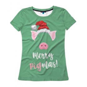 Женская футболка 3D с принтом Merry Pigmas в Новосибирске, 100% полиэфир ( синтетическое хлопкоподобное полотно) | прямой крой, круглый вырез горловины, длина до линии бедер | 2019 | merry christmas | new year | год свиньи | зима | новый год | поросенок | праздник | рождество | свинка | свинья