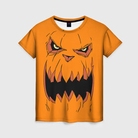 Женская футболка 3D с принтом Halloween в Новосибирске, 100% полиэфир ( синтетическое хлопкоподобное полотно) | прямой крой, круглый вырез горловины, длина до линии бедер | halloween | orange | pumpkin | scary | оранжевая | страшная | тыква | ужас | хэллоуин