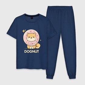 Мужская пижама хлопок с принтом DOgNUT в Новосибирске, 100% хлопок | брюки и футболка прямого кроя, без карманов, на брюках мягкая резинка на поясе и по низу штанин
 | акита | детский | лапочка | милый | мимими | пес | пончик | собака | хаски | щенок
