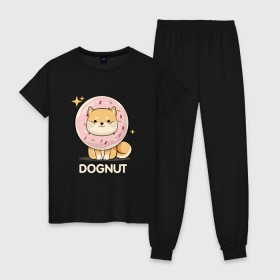 Женская пижама хлопок с принтом DOgNUT в Новосибирске, 100% хлопок | брюки и футболка прямого кроя, без карманов, на брюках мягкая резинка на поясе и по низу штанин | акита | детский | лапочка | милый | мимими | пес | пончик | собака | хаски | щенок
