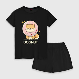 Женская пижама с шортиками хлопок с принтом DOgNUT в Новосибирске, 100% хлопок | футболка прямого кроя, шорты свободные с широкой мягкой резинкой | акита | детский | лапочка | милый | мимими | пес | пончик | собака | хаски | щенок