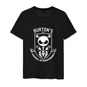 Мужская футболка хлопок с принтом Burton`s School Of Nightmares в Новосибирске, 100% хлопок | прямой крой, круглый вырез горловины, длина до линии бедер, слегка спущенное плечо. | бёртон | герб | депп | джони деп | кино | логотип | режиссер | тим бертон | фильм | школа