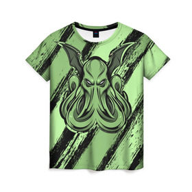 Женская футболка 3D с принтом Ктулху в Новосибирске, 100% полиэфир ( синтетическое хлопкоподобное полотно) | прямой крой, круглый вырез горловины, длина до линии бедер | cthulhu | божество | кракен | лавкрафт | миф | монстр | океан | чудовище