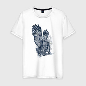 Мужская футболка хлопок с принтом Сова в Новосибирске, 100% хлопок | прямой крой, круглый вырез горловины, длина до линии бедер, слегка спущенное плечо. | животное | луна | минимализм | ночь | охотник | перья | птица | сова | филин | хищник