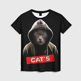 Женская футболка 3D с принтом Кот в Новосибирске, 100% полиэфир ( синтетическое хлопкоподобное полотно) | прямой крой, круглый вырез горловины, длина до линии бедер | cat | глаза | животные | капюшон | кот | котенок | кошка | природа | хулиган
