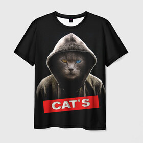 Мужская футболка 3D с принтом Кот в Новосибирске, 100% полиэфир | прямой крой, круглый вырез горловины, длина до линии бедер | Тематика изображения на принте: cat | глаза | животные | капюшон | кот | котенок | кошка | природа | хулиган