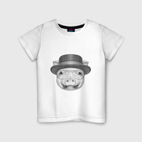 Детская футболка хлопок с принтом Свинка в шляпке в Новосибирске, 100% хлопок | круглый вырез горловины, полуприлегающий силуэт, длина до линии бедер | Тематика изображения на принте: breaking bad | во все тяжкие | свинка | свинья | уолтер уайт