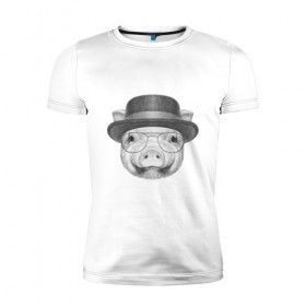 Мужская футболка премиум с принтом Свинка в шляпке в Новосибирске, 92% хлопок, 8% лайкра | приталенный силуэт, круглый вырез ворота, длина до линии бедра, короткий рукав | breaking bad | во все тяжкие | свинка | свинья | уолтер уайт
