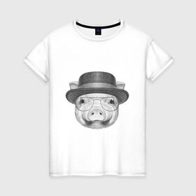 Женская футболка хлопок с принтом Свинка в шляпке в Новосибирске, 100% хлопок | прямой крой, круглый вырез горловины, длина до линии бедер, слегка спущенное плечо | breaking bad | во все тяжкие | свинка | свинья | уолтер уайт