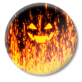 Значок с принтом FIRE PUMPKIN в Новосибирске,  металл | круглая форма, металлическая застежка в виде булавки | Тематика изображения на принте: fire | halloween | искры | огонь | праздник | тыква | хэллоуин