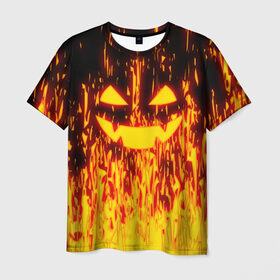 Мужская футболка 3D с принтом FIRE PUMPKIN в Новосибирске, 100% полиэфир | прямой крой, круглый вырез горловины, длина до линии бедер | fire | halloween | искры | огонь | праздник | тыква | хэллоуин