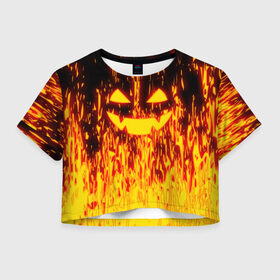 Женская футболка Cropp-top с принтом FIRE PUMPKIN в Новосибирске, 100% полиэстер | круглая горловина, длина футболки до линии талии, рукава с отворотами | fire | halloween | искры | огонь | праздник | тыква | хэллоуин