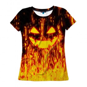 Женская футболка 3D с принтом FIRE PUMPKIN в Новосибирске, 100% полиэфир ( синтетическое хлопкоподобное полотно) | прямой крой, круглый вырез горловины, длина до линии бедер | fire | halloween | искры | огонь | праздник | тыква | хэллоуин