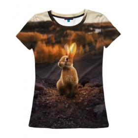 Женская футболка 3D с принтом Солнечный зайчик в Новосибирске, 100% полиэфир ( синтетическое хлопкоподобное полотно) | прямой крой, круглый вырез горловины, длина до линии бедер | заяц | кролик | лес | пейзаж | поле | природа | пушистый | солнце | уши