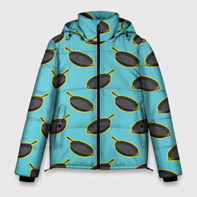 Мужская зимняя куртка 3D с принтом PUBG Сковородочки в Новосибирске, верх — 100% полиэстер; подкладка — 100% полиэстер; утеплитель — 100% полиэстер | длина ниже бедра, свободный силуэт Оверсайз. Есть воротник-стойка, отстегивающийся капюшон и ветрозащитная планка. 

Боковые карманы с листочкой на кнопках и внутренний карман на молнии. | battle | battlegrounds | chicken | dinner | game | games | player | playerunknowns | pubg | royale | unknown | winner | битва | игра | игрок | игры | королевская | курица | обед | пабг | победитель | сковорода | сковородка