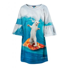 Детское платье 3D с принтом Кот Серфер в Новосибирске, 100% полиэстер | прямой силуэт, чуть расширенный к низу. Круглая горловина, на рукавах — воланы | cat | fast | fastfood | food | meme | party | pizza | sea | serf | wave | вечеринка | волна | еда | кошак | кошка | мем | море | пицца | серф | фастфуд