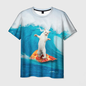 Мужская футболка 3D с принтом Кот Серфер в Новосибирске, 100% полиэфир | прямой крой, круглый вырез горловины, длина до линии бедер | cat | fast | fastfood | food | meme | party | pizza | sea | serf | wave | вечеринка | волна | еда | кошак | кошка | мем | море | пицца | серф | фастфуд