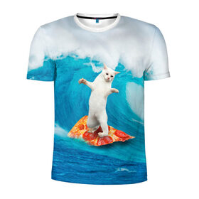 Мужская футболка 3D спортивная с принтом Кот Серфер в Новосибирске, 100% полиэстер с улучшенными характеристиками | приталенный силуэт, круглая горловина, широкие плечи, сужается к линии бедра | Тематика изображения на принте: cat | fast | fastfood | food | meme | party | pizza | sea | serf | wave | вечеринка | волна | еда | кошак | кошка | мем | море | пицца | серф | фастфуд