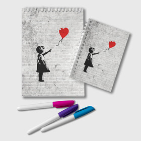 Блокнот с принтом Бэнкси Девочка с Шаром в Новосибирске, 100% бумага | 48 листов, плотность листов — 60 г/м2, плотность картонной обложки — 250 г/м2. Листы скреплены удобной пружинной спиралью. Цвет линий — светло-серый
 | Тематика изображения на принте: art | balloon | banksy | culture | girl | graffity | heart | hearts | red | арт | бэнкси | граффити | девочка | девочка с шаром | красный | красным | культура | сердечки | сердечко | сердце | стрит | шар | шарик | шариком