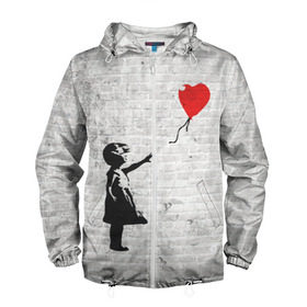 Мужская ветровка 3D с принтом Бэнкси: Девочка с Шаром в Новосибирске, 100% полиэстер | подол и капюшон оформлены резинкой с фиксаторами, два кармана без застежек по бокам, один потайной карман на груди | Тематика изображения на принте: art | balloon | banksy | culture | girl | graffity | heart | hearts | red | арт | бэнкси | граффити | девочка | девочка с шаром | красный | красным | культура | сердечки | сердечко | сердце | стрит | шар | шарик | шариком