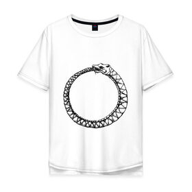Мужская футболка хлопок Oversize с принтом Уроборос в Новосибирске, 100% хлопок | свободный крой, круглый ворот, “спинка” длиннее передней части | Тематика изображения на принте: алхимия | бесконечность | вечность | дракон | змей | мифология | символ | уроборос | эпос