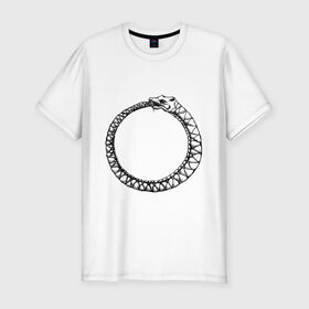 Мужская футболка премиум с принтом Уроборос в Новосибирске, 92% хлопок, 8% лайкра | приталенный силуэт, круглый вырез ворота, длина до линии бедра, короткий рукав | алхимия | бесконечность | вечность | дракон | змей | мифология | символ | уроборос | эпос