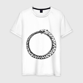 Мужская футболка хлопок с принтом Уроборос в Новосибирске, 100% хлопок | прямой крой, круглый вырез горловины, длина до линии бедер, слегка спущенное плечо. | алхимия | бесконечность | вечность | дракон | змей | мифология | символ | уроборос | эпос