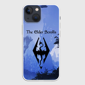 Чехол для iPhone 13 mini с принтом The Elder Scrolls в Новосибирске,  |  | art game | art skyrim | forest | game | skyrim | the elder scrolls v skyrim | горы | довакин | древние свитки | игра | лес | небо | скайрим