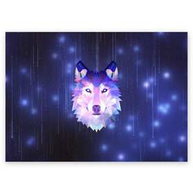 Поздравительная открытка с принтом Космический Волк в Новосибирске, 100% бумага | плотность бумаги 280 г/м2, матовая, на обратной стороне линовка и место для марки
 | poligon | space | star | stars | werewolf | wild | wolf | wolfs | волк | волки | волчата | волченок | волчица | вселенная | дикий | звезда | звезды | космический | космос | луна | оборотень | падающие | полигон | полигоны
