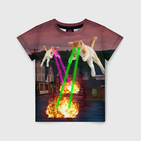 Детская футболка 3D с принтом Кошачья Атака! в Новосибирске, 100% гипоаллергенный полиэфир | прямой крой, круглый вырез горловины, длина до линии бедер, чуть спущенное плечо, ткань немного тянется | attack | bomb | cat | lazer | meme | neon | party | вечеринка | взрыв | коты | кошак | кошка | лазер | мем | неон | огонь