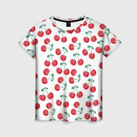 Женская футболка 3D с принтом Вишневое настроение в Новосибирске, 100% полиэфир ( синтетическое хлопкоподобное полотно) | прямой крой, круглый вырез горловины, длина до линии бедер | Тематика изображения на принте: весна | вишня | красный | лето | листья | ягода
