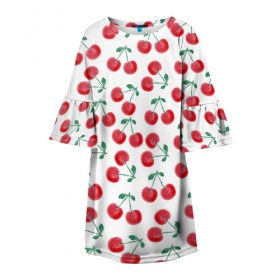 Детское платье 3D с принтом Вишневое настроение в Новосибирске, 100% полиэстер | прямой силуэт, чуть расширенный к низу. Круглая горловина, на рукавах — воланы | Тематика изображения на принте: весна | вишня | красный | лето | листья | ягода