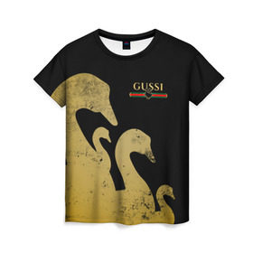 Женская футболка 3D с принтом GUSSI GOLD в Новосибирске, 100% полиэфир ( синтетическое хлопкоподобное полотно) | прямой крой, круглый вырез горловины, длина до линии бедер | fasion | gold | gucci | gussi | trend | гусси | гуччи | золото | золотой | мода | одежда | тренд | тренды