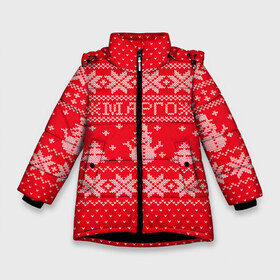 Зимняя куртка для девочек 3D с принтом Новогодняя Рита в Новосибирске, ткань верха — 100% полиэстер; подклад — 100% полиэстер, утеплитель — 100% полиэстер. | длина ниже бедра, удлиненная спинка, воротник стойка и отстегивающийся капюшон. Есть боковые карманы с листочкой на кнопках, утяжки по низу изделия и внутренний карман на молнии. 

Предусмотрены светоотражающий принт на спинке, радужный светоотражающий элемент на пуллере молнии и на резинке для утяжки. | дед мороз | елка | зима | имена | кофта | маргарита | марго | новогодний | новый год | рита | свитер | снег | снеговик | снежинки | узор