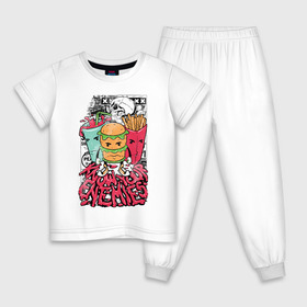 Детская пижама хлопок с принтом Angry Food в Новосибирске, 100% хлопок |  брюки и футболка прямого кроя, без карманов, на брюках мягкая резинка на поясе и по низу штанин
 | бургер | газировка | граффити | еда | картошка | крест | рок | череп