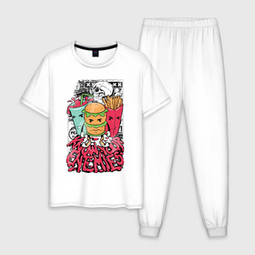 Мужская пижама хлопок с принтом Angry Food в Новосибирске, 100% хлопок | брюки и футболка прямого кроя, без карманов, на брюках мягкая резинка на поясе и по низу штанин
 | бургер | газировка | граффити | еда | картошка | крест | рок | череп