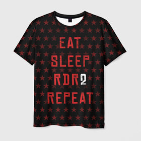 Мужская футболка 3D с принтом Eat Sleep RDR2 Repeat в Новосибирске, 100% полиэфир | прямой крой, круглый вырез горловины, длина до линии бедер | dead | die | eat | flag | game | games | gta | rdr | rdr2 | red | redemption | repeat | rockstar | sleep | sun | western | вестерн | выкуп | гта | дикий | запад | игра | игры | красный | мертвый | рдр | рдр2 | рокстар | солнце