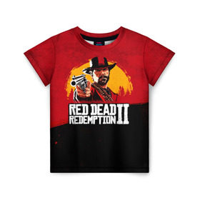 Детская футболка 3D с принтом Red Dead Redemption 2 в Новосибирске, 100% гипоаллергенный полиэфир | прямой крой, круглый вырез горловины, длина до линии бедер, чуть спущенное плечо, ткань немного тянется | dead | die | flag | game | games | gta | rdr | rdr2 | red | redemption | rockstar | sun | sunset | western | вестерн | выкуп | гта | дикий | закат | запад | игра | игры | красный | мертвый | поле | рдр | рдр2 | рокстар | солнце