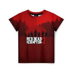 Детская футболка 3D с принтом RED DEAD REDEMPTION 2 в Новосибирске, 100% гипоаллергенный полиэфир | прямой крой, круглый вырез горловины, длина до линии бедер, чуть спущенное плечо, ткань немного тянется | game | red dead | red dead redemption 2 | redemption 2 | rockstar games | бандиты | дикий запад | игры | ковбои | оружие