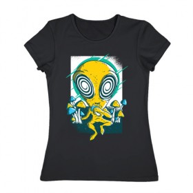 Женская футболка хлопок с принтом Пришелец в Новосибирске, 100% хлопок | прямой крой, круглый вырез горловины, длина до линии бедер, слегка спущенное плечо | грибы | инопланетяне | нло | пришелец | пришельцы | психоделика