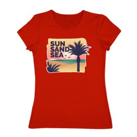 Женская футболка хлопок с принтом Солнце, песок, море в Новосибирске, 100% хлопок | прямой крой, круглый вырез горловины, длина до линии бедер, слегка спущенное плечо | лето | море | отдых | пальма | песок | пляж | путешествия | солнце