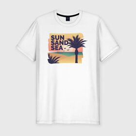 Мужская футболка хлопок Slim с принтом Солнце, песок, море в Новосибирске, 92% хлопок, 8% лайкра | приталенный силуэт, круглый вырез ворота, длина до линии бедра, короткий рукав | лето | море | отдых | пальма | песок | пляж | путешествия | солнце