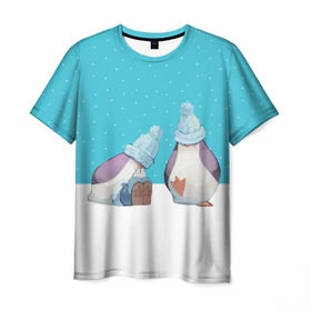 Мужская футболка 3D с принтом Милые пингвинчики в Новосибирске, 100% полиэфир | прямой крой, круглый вырез горловины, длина до линии бедер | Тематика изображения на принте: christmas | new | pinguin | snow | snowflakes | winter | xmas | year | год | зима | новый | пингвин | рождество | снег | снежинки