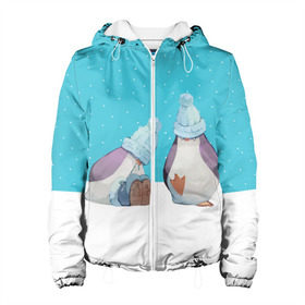 Женская куртка 3D с принтом Милые пингвинчики в Новосибирске, ткань верха — 100% полиэстер, подклад — флис | прямой крой, подол и капюшон оформлены резинкой с фиксаторами, два кармана без застежек по бокам, один большой потайной карман на груди. Карман на груди застегивается на липучку | christmas | new | pinguin | snow | snowflakes | winter | xmas | year | год | зима | новый | пингвин | рождество | снег | снежинки