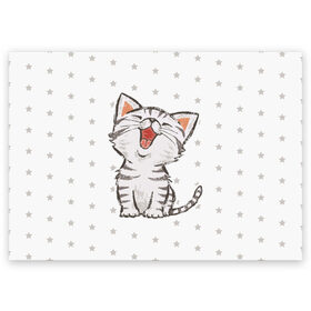 Поздравительная открытка с принтом Милейший Котик в Новосибирске, 100% бумага | плотность бумаги 280 г/м2, матовая, на обратной стороне линовка и место для марки
 | Тематика изображения на принте: cat | cats | cute | kitten | kitty | pussy | smile | звезды | кот | котенок | котик | котики | коты | котята | кошечка | кошечки | кошка | кошки | милая | милота | милый | полосатый | смеется | улыбается | улыбака | улыбка