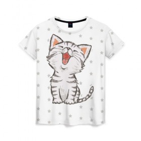 Женская футболка 3D с принтом Милейший Котик в Новосибирске, 100% полиэфир ( синтетическое хлопкоподобное полотно) | прямой крой, круглый вырез горловины, длина до линии бедер | cat | cats | cute | kitten | kitty | pussy | smile | звезды | кот | котенок | котик | котики | коты | котята | кошечка | кошечки | кошка | кошки | милая | милота | милый | полосатый | смеется | улыбается | улыбака | улыбка